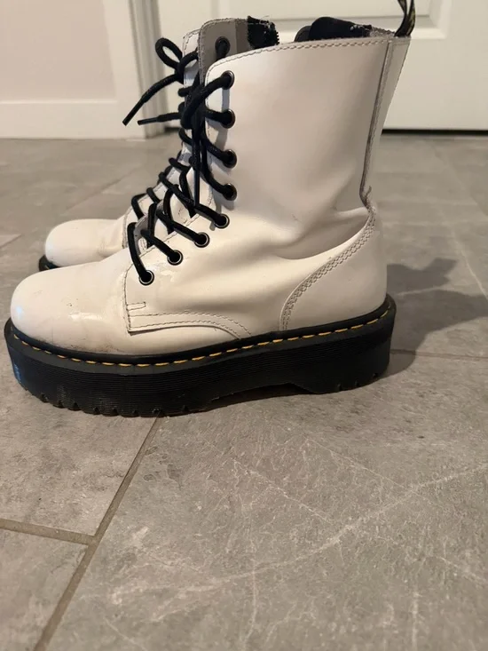 Dr. Martens White Lace-Up Platform Combat Boots with Yellow Welt Stitching - Picture 4 of 4